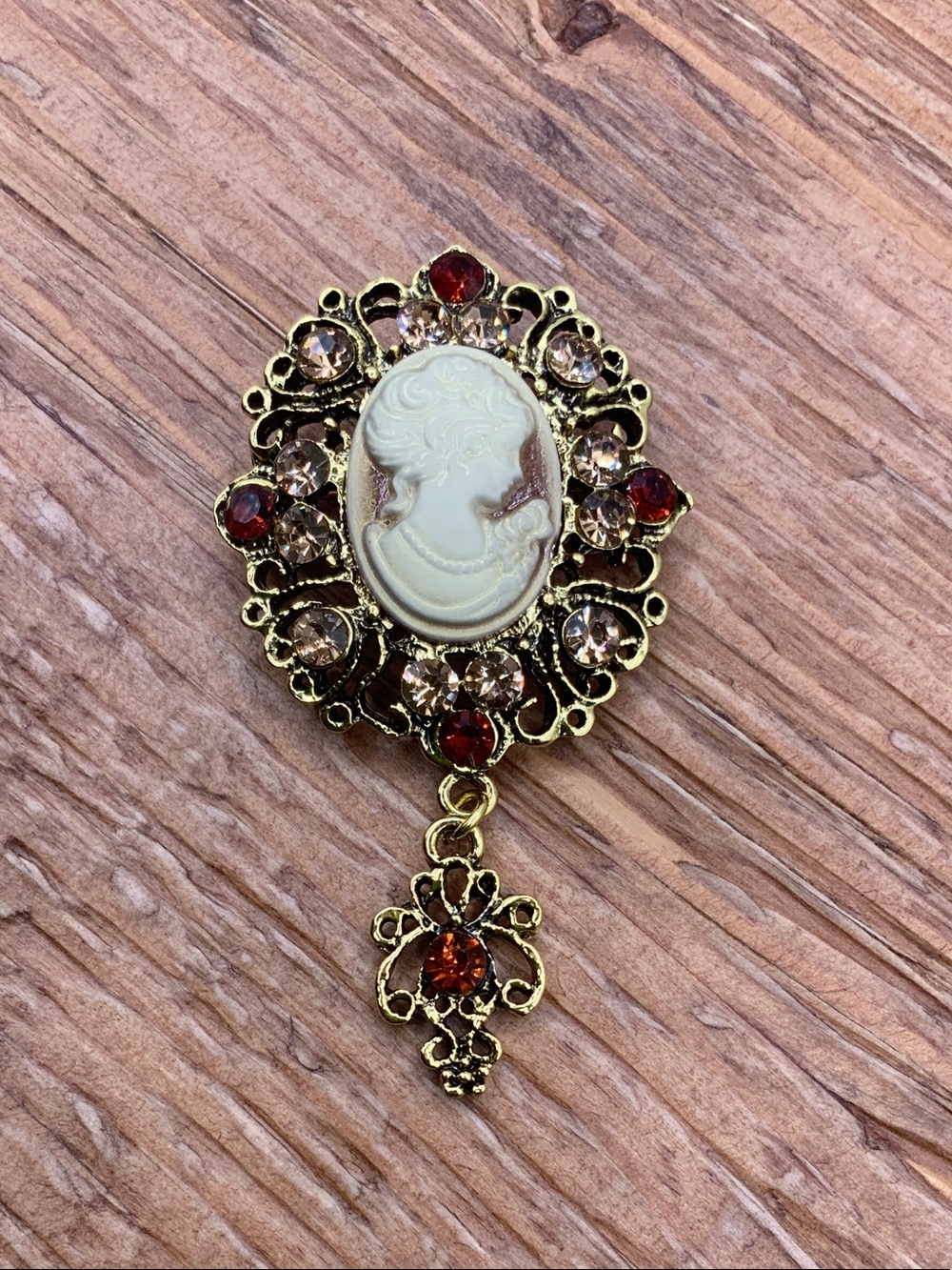 Vintage Victorian Style Gold Tone Amber and Clear Rhinestone Brooch